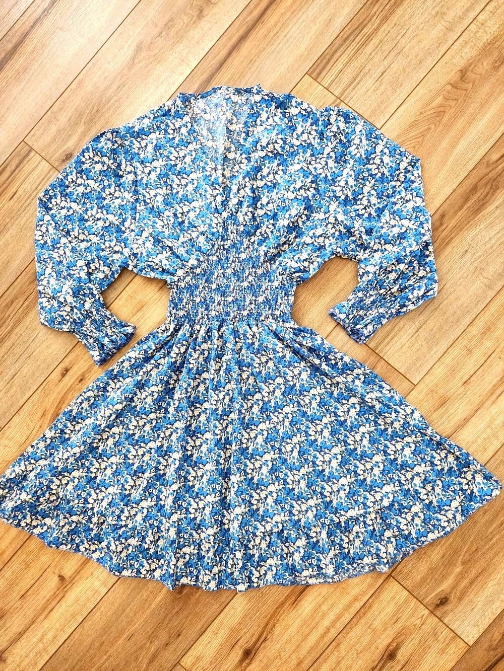 Blue Floral Midi Stretchy Fit & Flare Smocked-Waist Long Sleeve Dress Sz 2X Boho